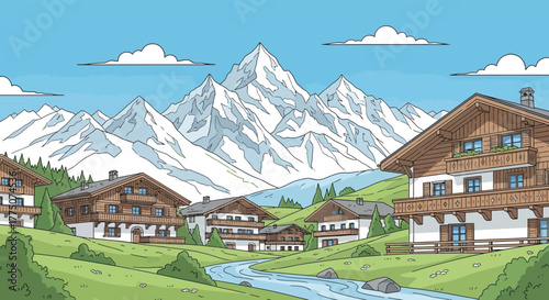 Charming alpine village nestled among rolling green hills with majestic snow capped mountains in the background