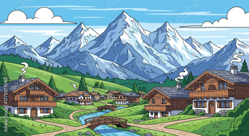 Charming alpine village nestled amongst majestic snow capped mountains under a blue sky