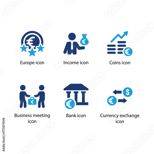 Europe, Income, Coins, Business meeting, Bank, Currency exchange, Blue Icon Set