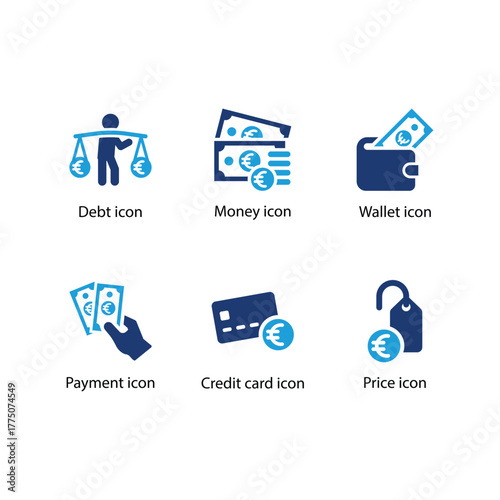 Debt, Money, Wallet, Payment, Credit card, Price, Blue Icon Set