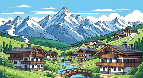 Charming alpine village nestled in verdant green valleys with majestic snow capped mountains under a blue sky