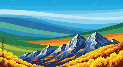 Vibrant abstract landscape painting of jagged mountain peaks in autumn with colorful rolling hills and a bright blue sky