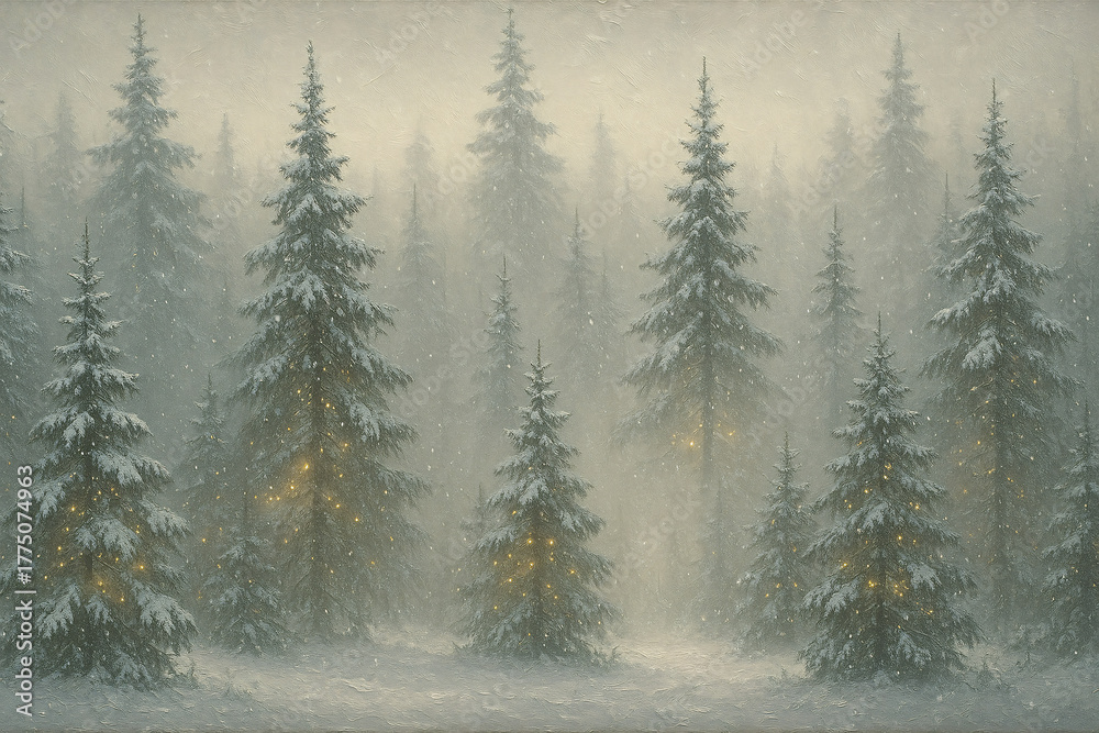 Fototapeta premium Misty Alpine Forest Serenity with Golden Lights: Serene Winter Woodland Landscape with Glowing Evergreens