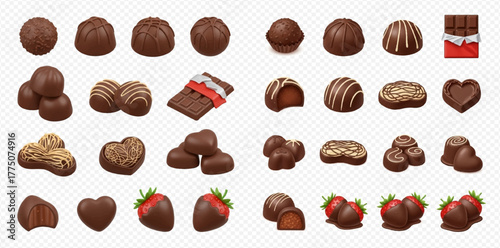 A diverse collection of chocolate candies and chocolate-dipped strawberries, featuring various shapes, textures, and delicious fillings.