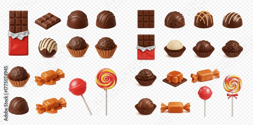 A collection of various chocolates, truffles, caramel candies, and lollipops on a transparent background.