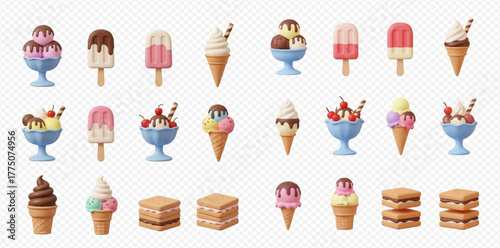 A delightful collection of various 3D rendered ice cream treats, including cones, popsicles, sundaes in bowls, and ice cream sandwiches, on a transparent background.