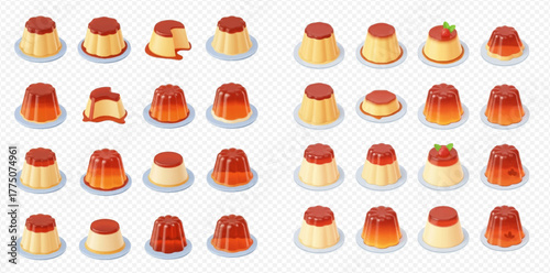 A large collection of various flan and jelly desserts on white plates, with some having caramel topping or a strawberry.