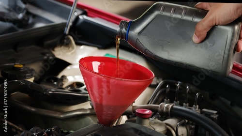 Refueling and pouring oil quality into the engine motor car Transmission and Maintenance Gear .Energy fuel concept.	

