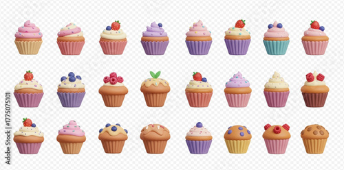 A large collection of colorful cupcakes with various frostings and fruit toppings, isolated on a transparent background.