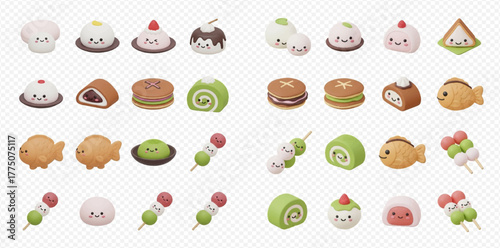 A delightful collection of cute Japanese mochi, dorayaki, taiyaki, and dango desserts with charming faces.