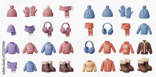 Collection of various 3D rendered winter clothing and accessories including hats, gloves, scarves, earmuffs, sweaters, jackets, and boots in pink, purple, blue, and orange colors.