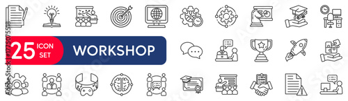 Workshop set of web icons in line style. teacher, vector illustration concept relate to presentation, video, leadership, event, coach