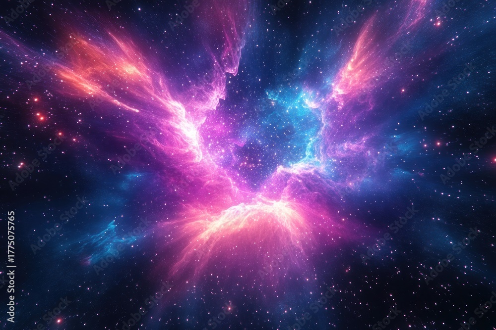 Fototapeta premium Vibrant colorful nebula in deep space with glowing pink, purple, and blue gas clouds surrounded by numerous bright stars conveying cosmic beauty and mystery