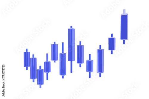 3D candle stick chart for stock market, stock exchange. Blue growth candlestick graph trading 3d glass render. three-dimensional up candle stick price diagram stock exchange for financial investment.