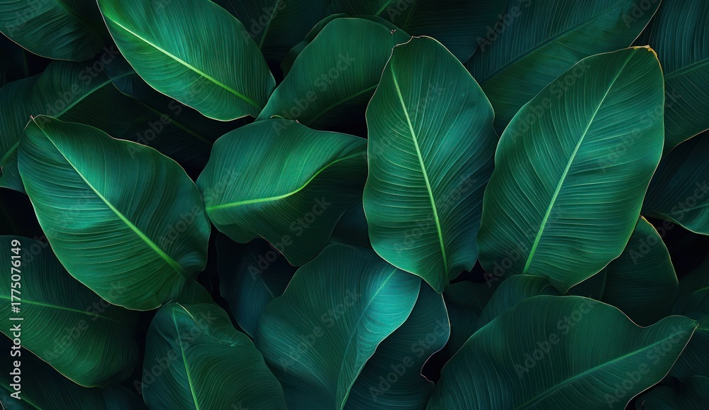 Obraz premium Close-up view of dense large green tropical leaves with detailed veins creating a calming and lush natural pattern