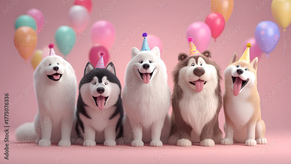 Obraz premium Cartoon Dogs Celebrating with Party Hats and Balloons in Festive Scene