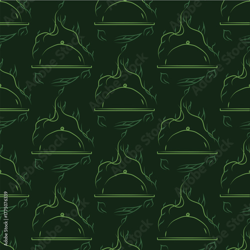 A green seamless pattern of a tray on a dark background. Healthy food only. Restaurant. Side view. The pattern can be applied to various household items, such as dishes, bed linens, and towels.
