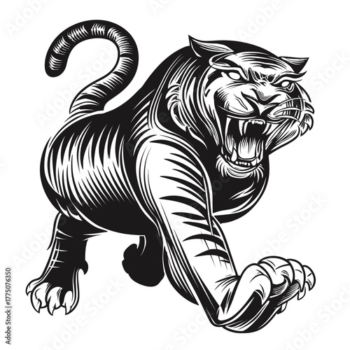 Striking illustration of a tiger in a dynamic stance showing teeth