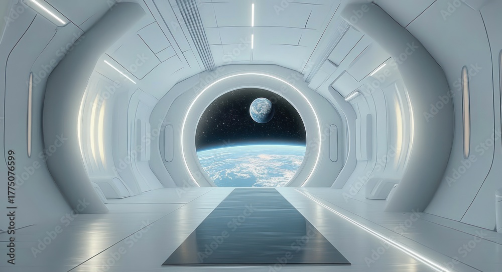 Fototapeta premium Futuristic white spaceship interior hallway with circular window showing earth and moon in space