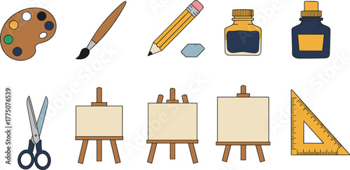 Art and drawing tools including palette, brush, pencil, ink bottle, scissors, easel, ruler, cad drawing flat vector illustration