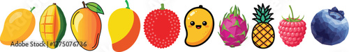 Diverse Set of Tropical Fruit and Berry Vector Icons: Mango, Lychee, and Pineapple