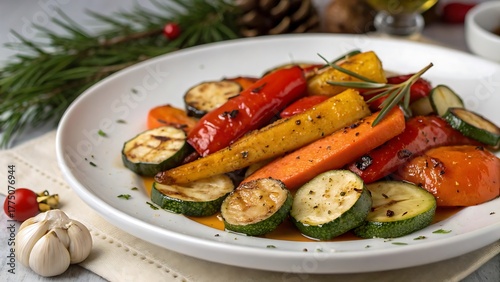 Festive roasted vegetables with holiday decorations
