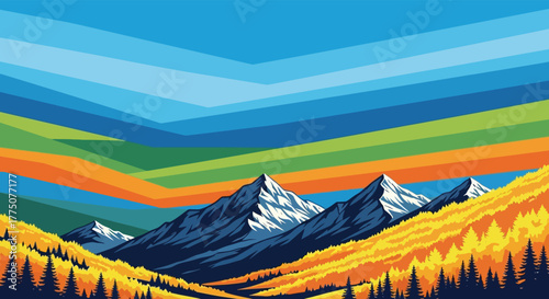 Vibrant abstract mountain landscape with golden autumn trees and colorful striped sky