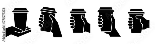 Hand holding coffee cup icon set vector. Take away coffee in reusable cup paper or plastic. Coffee shop logo, label, badge, icons, vintage, hipster modern style, premium coffee bean bar brand symbol.