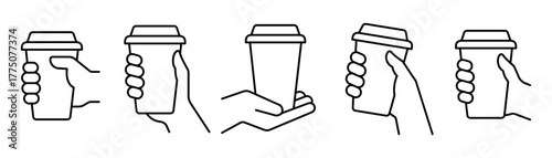 Hand holding coffee cup icon set vector. Take away coffee in reusable cup paper or plastic. Coffee shop logo, label, badge, icons, vintage, hipster modern style, premium coffee bean bar brand symbol.