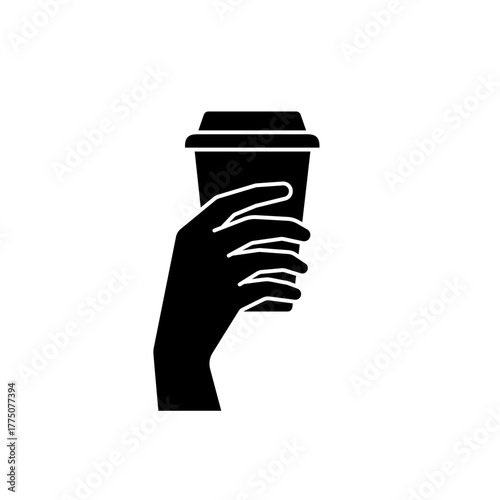 Hand holding coffee cup icon set vector. Take away coffee in reusable cup paper or plastic. Coffee shop logo, label, badge, icons, vintage, hipster modern style, premium coffee bean bar brand symbol.