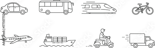 Transportation vehicles collection, car, bus, train, airplane, ship, truck, bike, scooter, delivery transport, cad drawing flat vector illustration