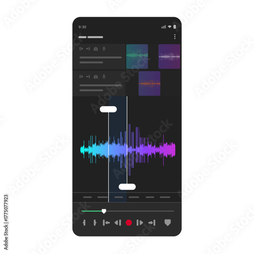 Mobile sound editing application interface audio waveform with selection markers playback controls track music production audio recording smartphone
