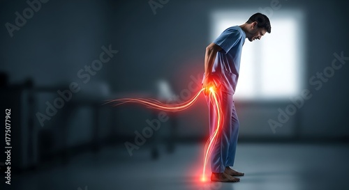 Man in scrubs experiencing severe sciatic nerve pain with radiating nerve pathways highlighted in red for medical illustration