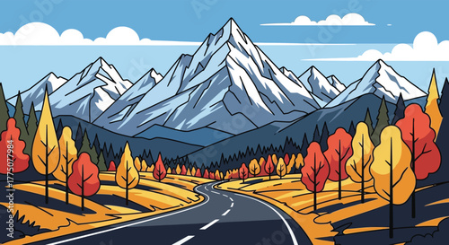 Scenic mountain road winding through a vibrant autumn forest with snow capped peaks under a blue sky