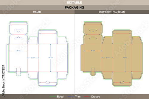 Hanging electronic product box dieline produced by vector mapping refining printing outcome packaging fold snap lock die line secures hanging fit through balanced layout