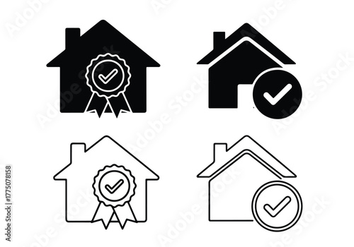 House certification icons with checkmark and ribbon symbols - Vector icon symbol for website - Icon vector - Blue icon vector - Line and glyph solid icon set