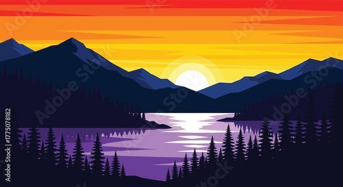 Vibrant pixel art landscape with a serene lake reflecting a fiery sunset over silhouetted mountains