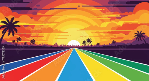 Vibrant rainbow road leading to a fiery sunset over a tropical landscape with palm trees