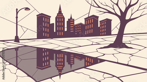 Cityscape reflection in puddle with bare tree and street lamp on cracked ground in stylized illustration silhouette