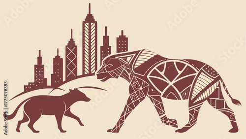 Stylized illustration of two canids walking in front of a city skyline with geometric patterns on one silhouette