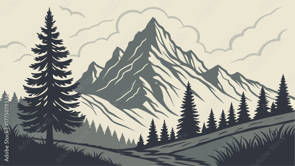 Fototapeta premium Illustration of a mountain range with pine trees and clouds in a monochrome color palette scheme style silhouette