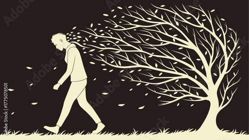 A man walking away with leaves blowing from his head and a tree behind him in monochrome style art silhouette