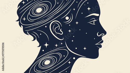 Silhouette of a woman's head filled with galaxies and stars against a light background design art