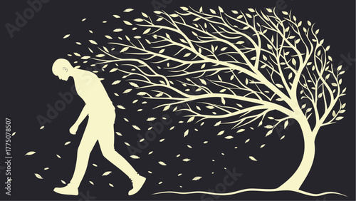 Silhouette of a man walking away as leaves blow off a tree in a symbolic representation of loss and change