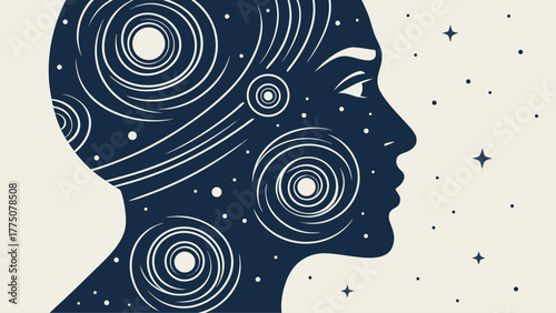 Silhouette of a woman's head filled with cosmic spirals and stars against a light background design