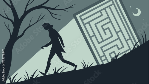 Silhouette of woman walking towards a maze under moonlight with a tree in the background at night
