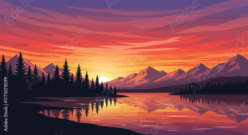 Vibrant sunset over a calm lake reflecting majestic mountains and silhouetted pine trees