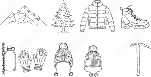 Winter mountain hiking equipment, warm clothes, boots, gloves, hats, ice axe, and nature elements, cad drawing flat vector illustration