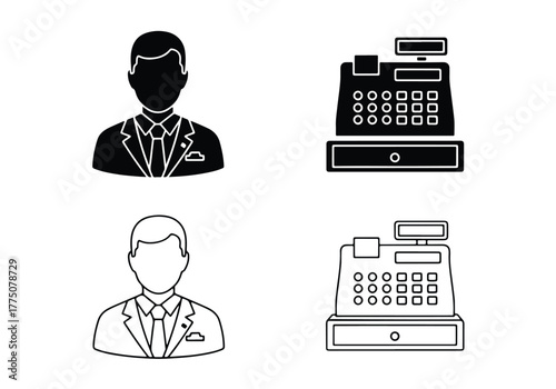 Businessman and cash register icon set simple icons - Vector icon symbol for website - Icon vector - Blue icon vector - Line and glyph solid icon set