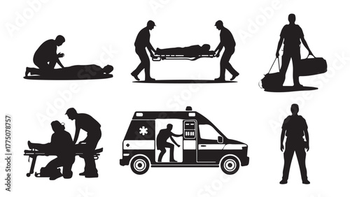 Emergency medical service vector silhouettes including ambulance paramedics and patient care for healthcare and rescue illustrations